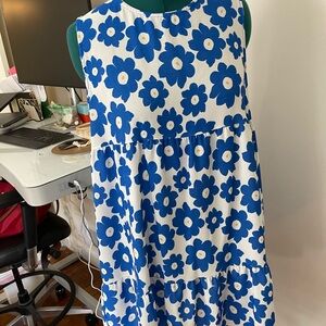 Women’s Blue Floral Midi Dress - Sleeveless Printed Tiered Dress